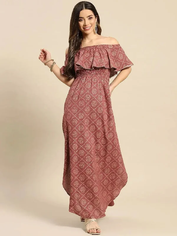 Off shoulder Flare yoke and U hem maxi dress in Rose Color