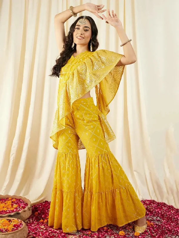 Crop Top with Sharara and frill Dupatta in Yellow Color