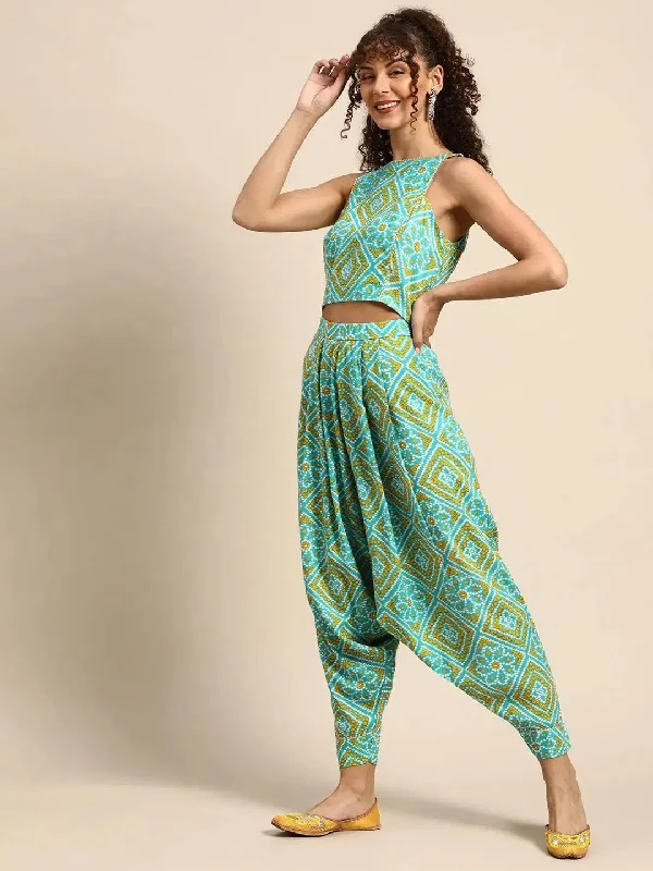 Crop top with Dhoti Pants in Aqua Blue