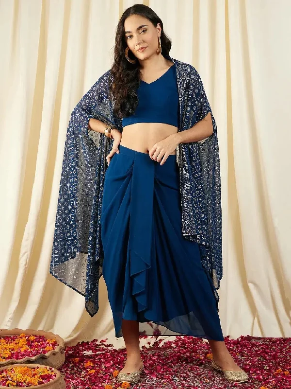 Crop Top with Draped Skirt And Cape in Blue Color