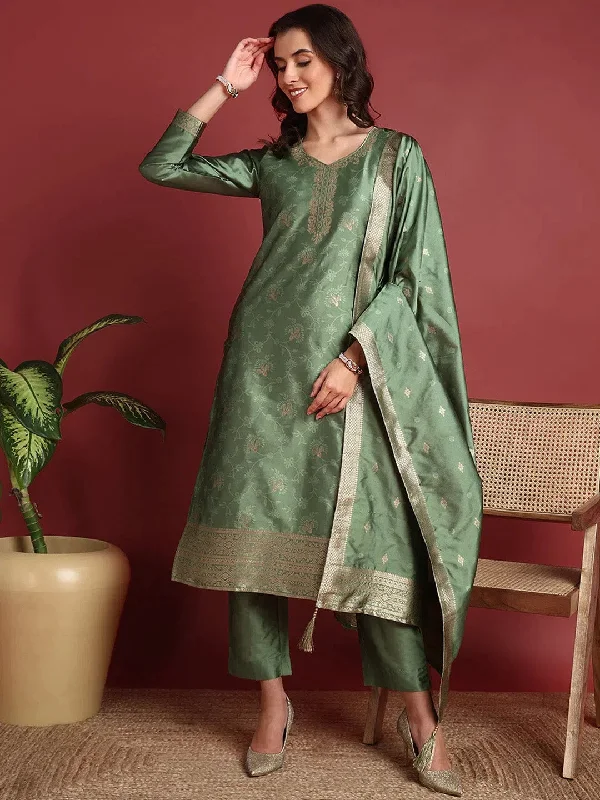 Ahika Polyester Ethnic motifs Green Indian Ethnic