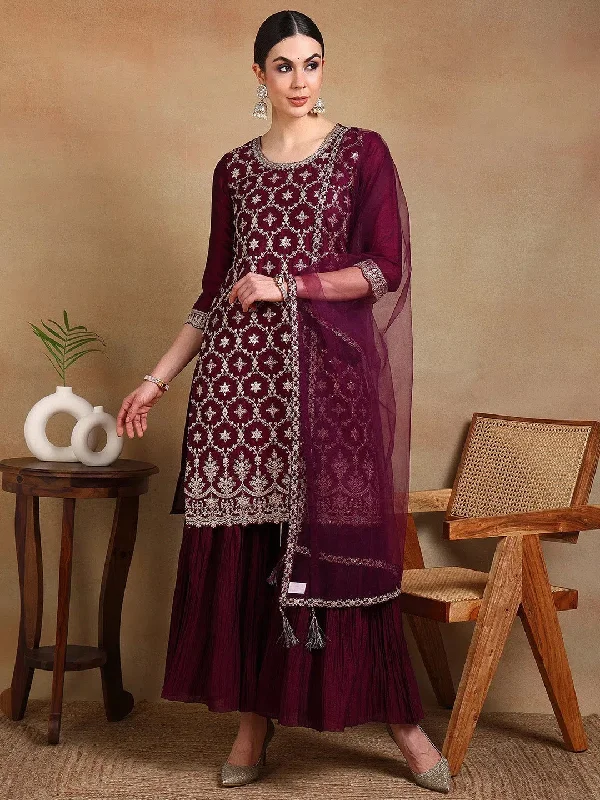 Ahika Women Burgundy Silk Blend Embroidered Straight Kurta Sharara Set With Dupatta