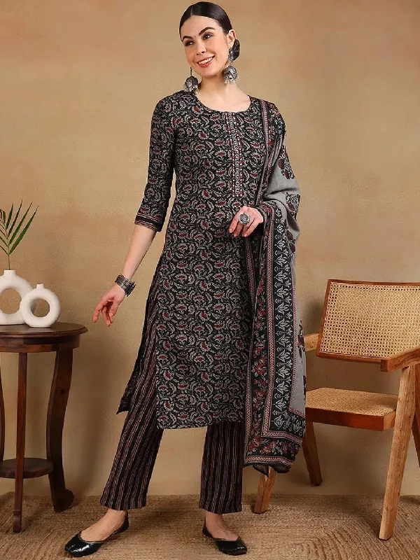 Ahika Women Black Viscose Rayon Embroidered Straight Kurta Pant Set-VKSKD2180_XS