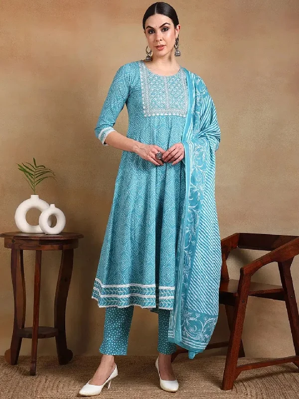 Ahika Women Blue Rayon Blend Embroidered Anarkali Kurta Pant Set