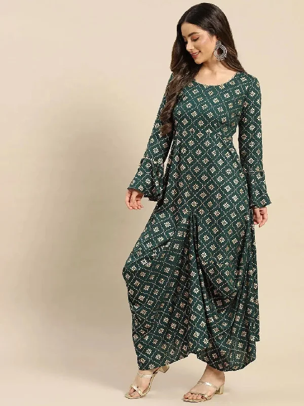 Bell Sleeve Long dress with front drape in Bottle Green