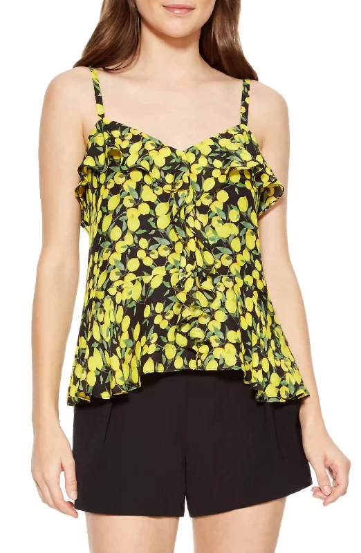 Gym teeLemon Print Silk Print Ruffle Tank Top In Yellow/black