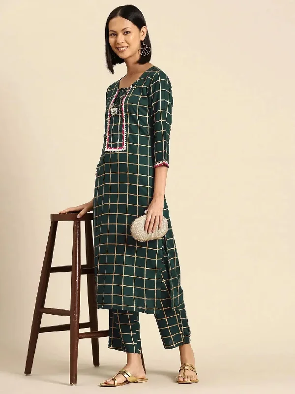 Kurta Pyajama with gota work in Green Checks Print