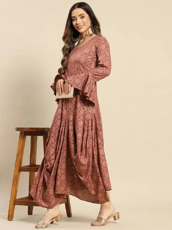 Bell Sleeve Long dress with front drape in Rose color