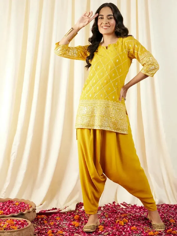 Short Kurta with Low Crotch Dhoti in Yellow Color