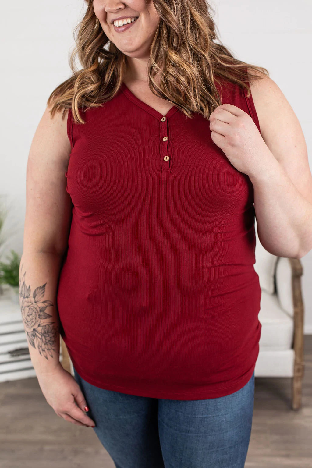 Compression teeRibbed Henley Tanks - Cranberry