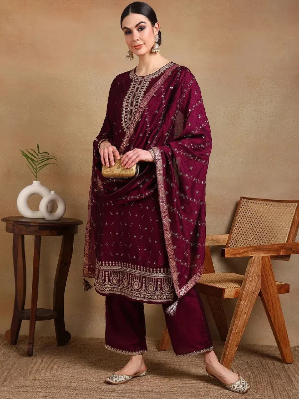 Ahika Women Burgundy Silk Blend Embroidered Straight Kurta Palazzo Set With Dupatta-PKSKD1816B_XS