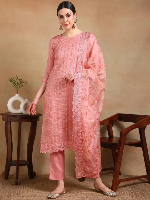 Ahika Women Peach Organza Embroidered Straight Kurta Pant Set With Dupatta