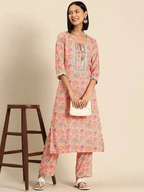 Kurta Pyajama with gota work in Peach all over Print