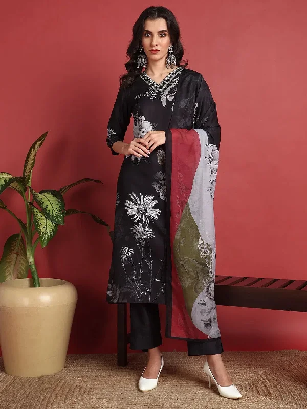 Ahika Polyester Floral Black Indian Ethnic-PKSKD2417_XS