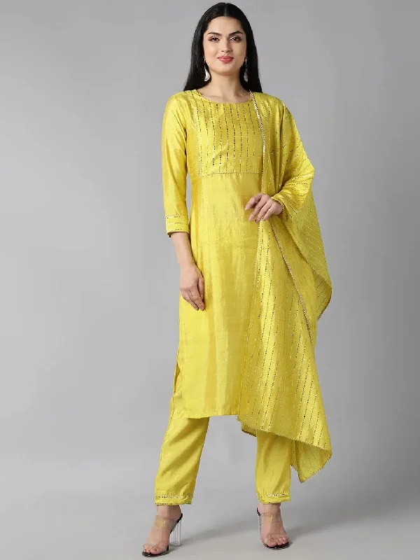 Ahika Women Yellow Poly Chanderi Yoke Design Straight Kurta Pant Set With Dupatta