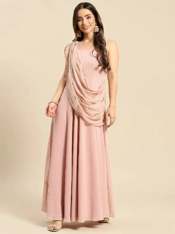 Long flare dress with dupatta drape in Powder Pink