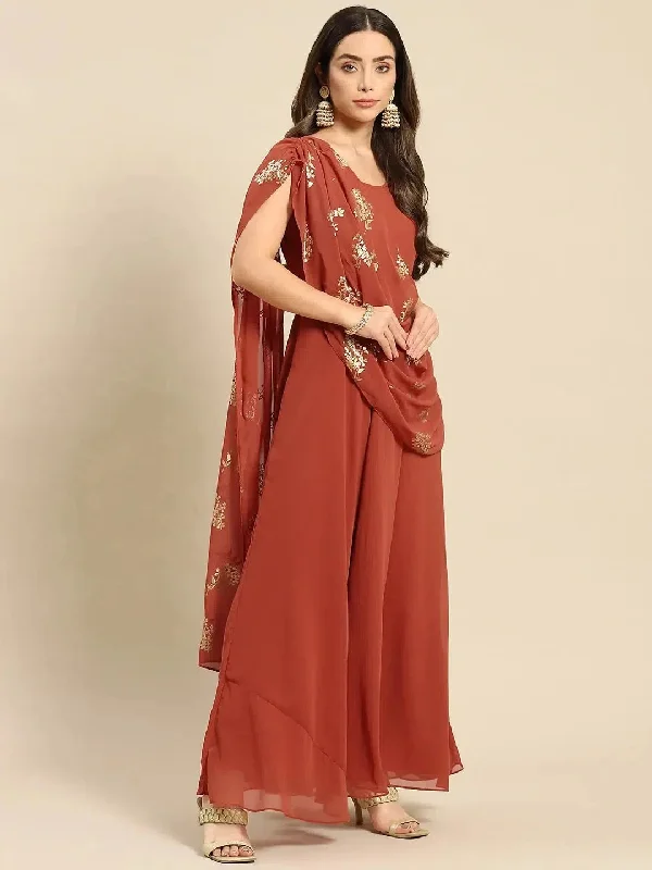 Long flare dress with dupatta drape in Rust