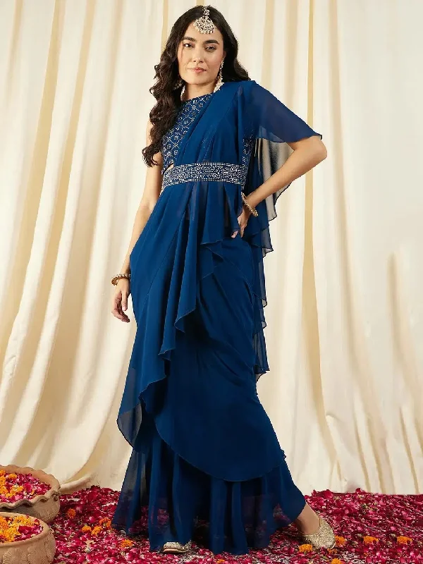 Pre-Draped Sarree with Blouse in Blue color