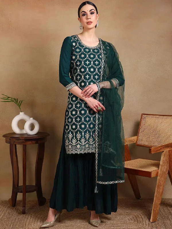 Ahika Women Green Silk Blend Embroidered Straight Kurta Sharara Set With Dupatta