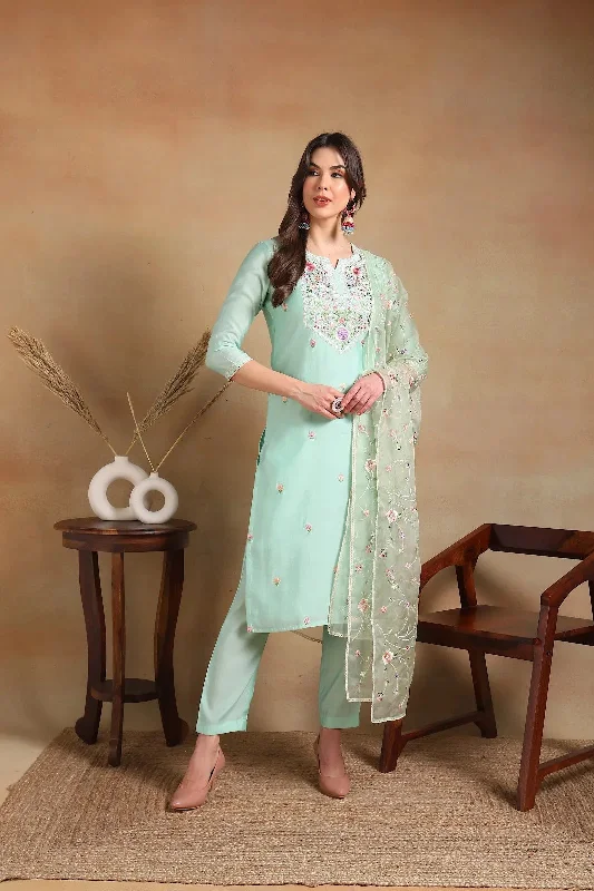 Ahika Women Sea Green Silk Blend Embroidered Straight Kurta Pant Set With Dupatta-PKSKD2027A_XS