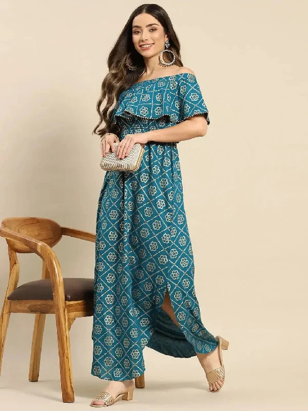 Off shoulder Flare yoke and U hem maxi dress in Peacock Blue