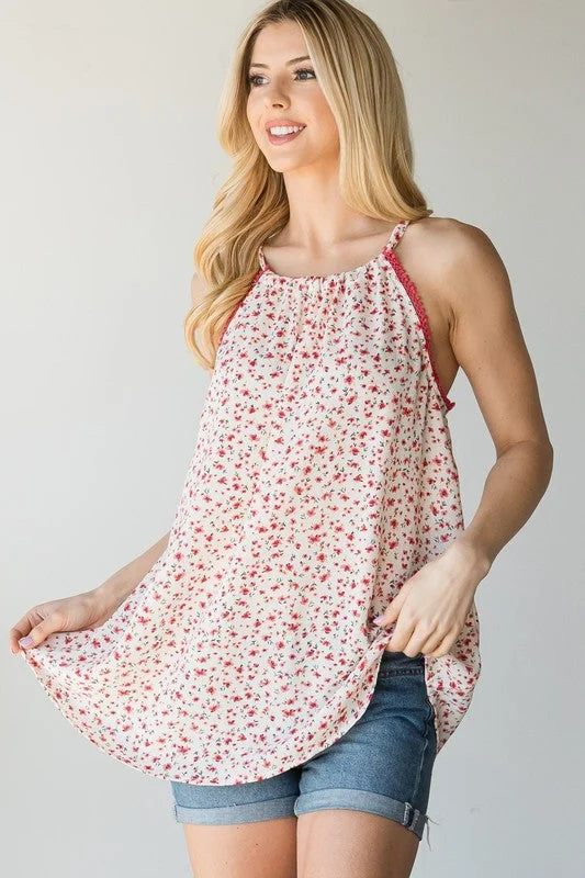 Gym singletIvory Floral Tank with Lace Trim