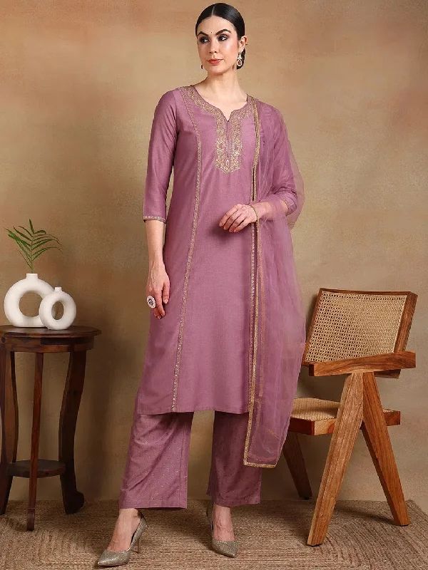 Ahika Women Mauve Silk Blend Embroidered Straight Kurta Palazzo Set With Dupatta