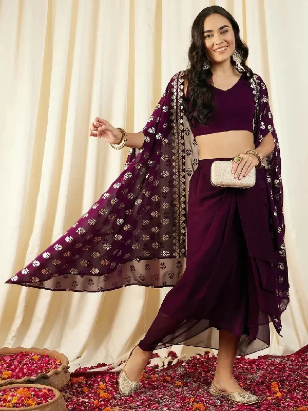 Crop Top with Draped Skirt And Cape in Purple Color