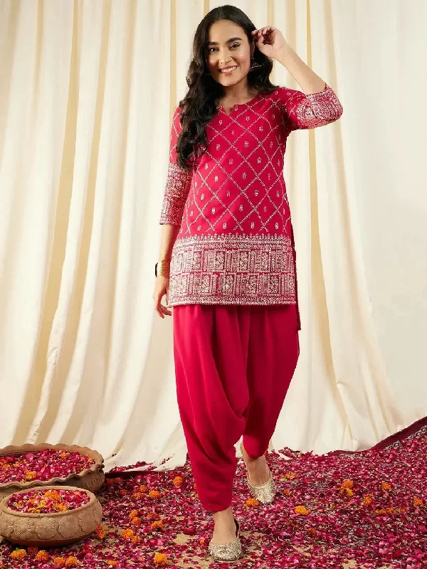 Short Kurta with Low Crotch Dhoti in Magenta Color