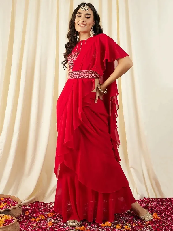 Pre-Draped Sarree with Blouse in Red Color