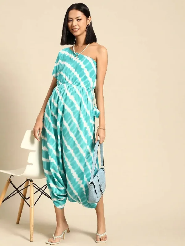 One Shoulder Dhoti Jumpsuit in Aqua Blue