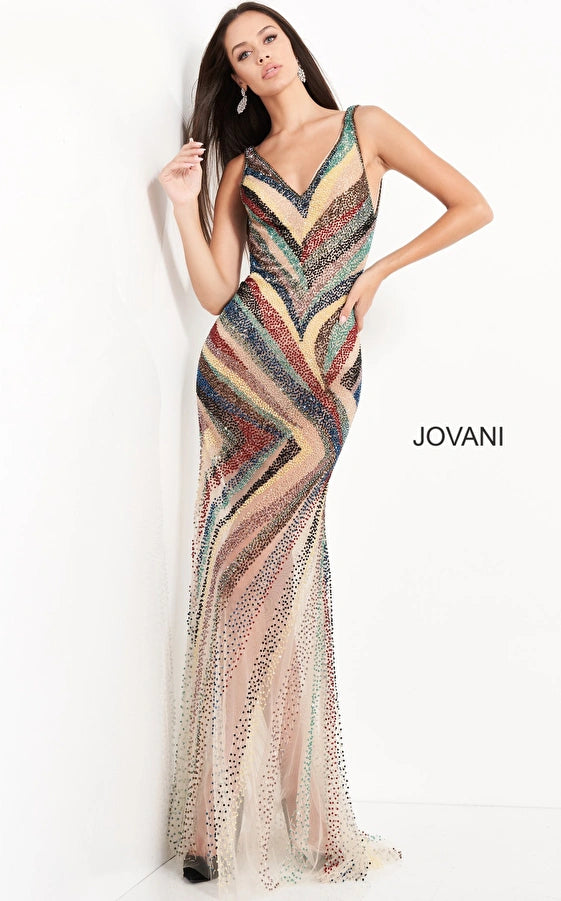 TightchainJovani 05560 Nude Multi Beaded V Neck Prom Dress