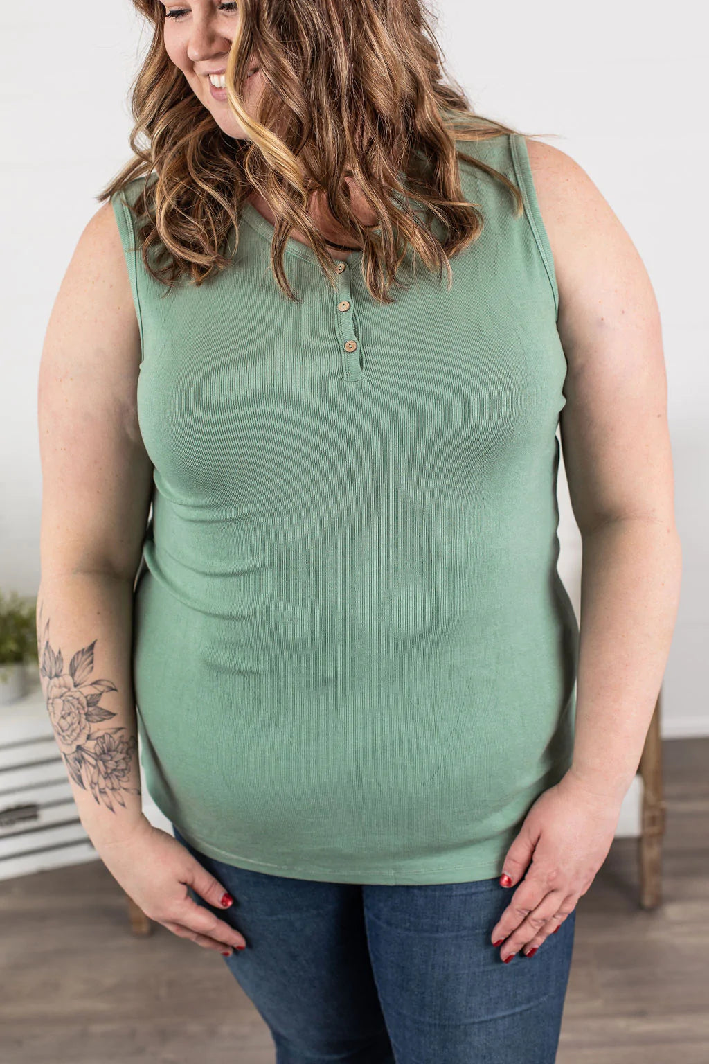 Lightweight teeRibbed Henley Tanks - Mint