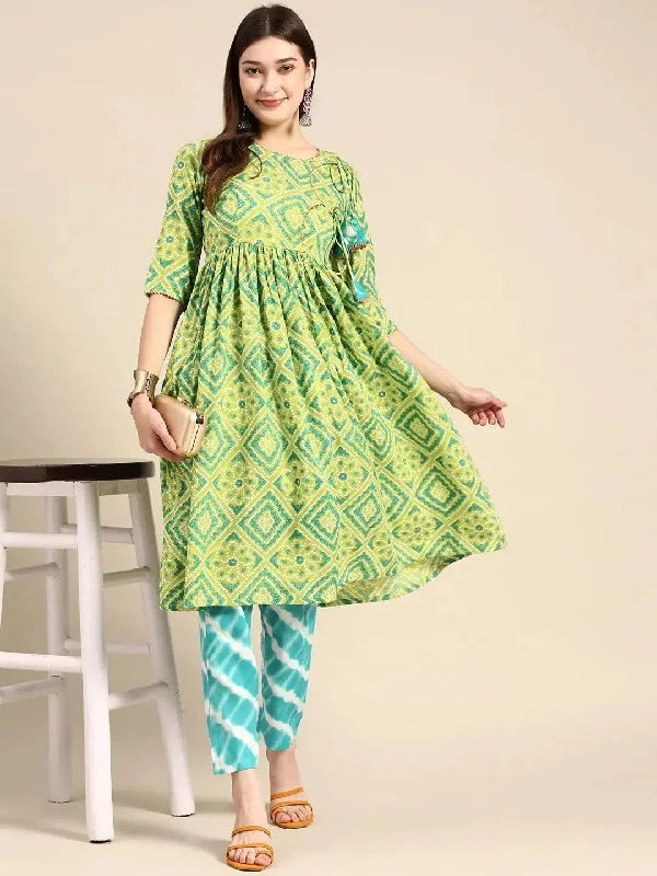 Anghrakha style Kurta with palazzo in Lime Green