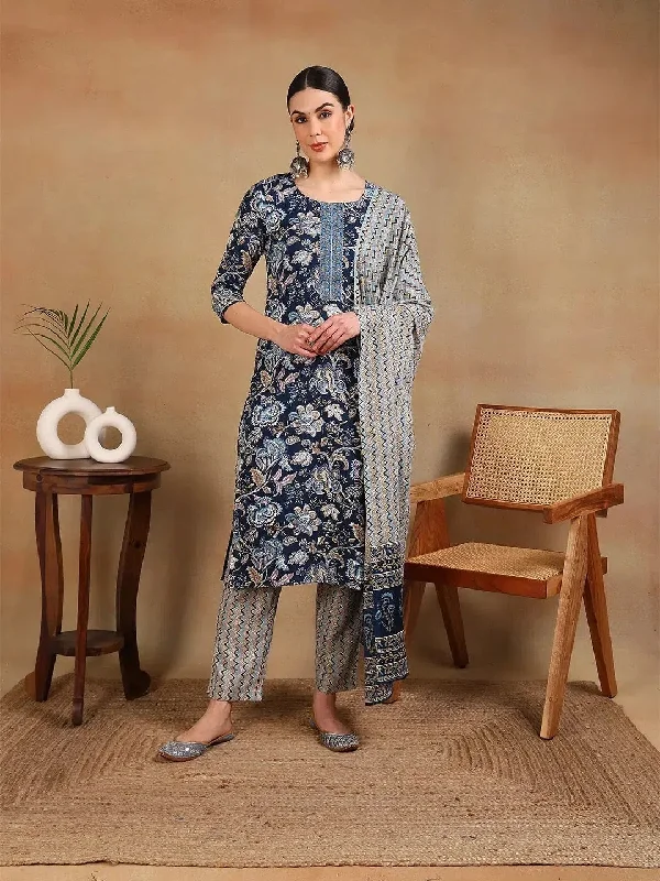 Ahika Women Blue Rayon Blend Printed Straight Kurta Pant Set-VKSKD2169A_XS