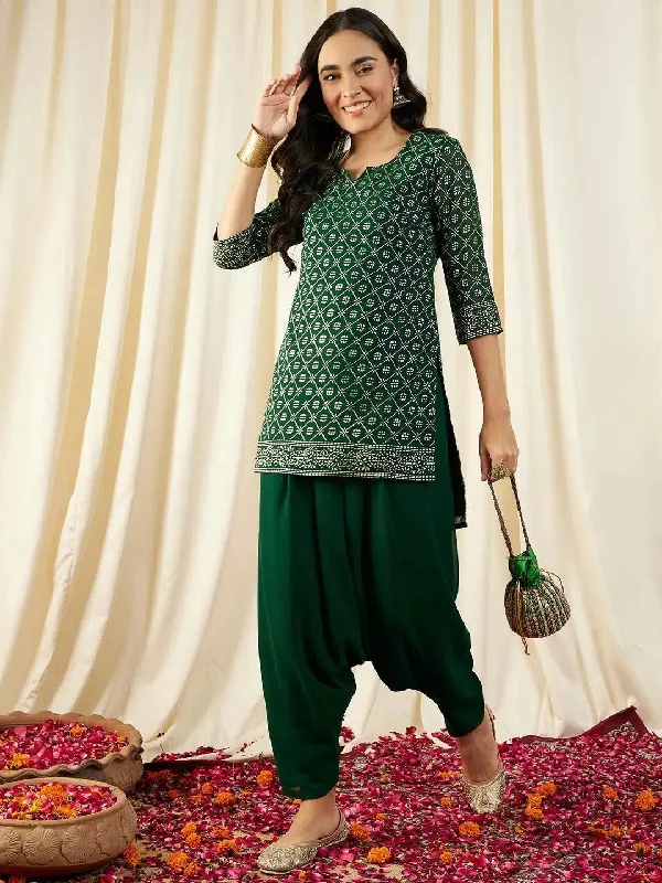 Short Kurta with Low Crotch Dhoti in Green Color