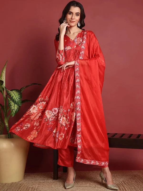 Ahika Polyester Floral Red Indian Ethnic