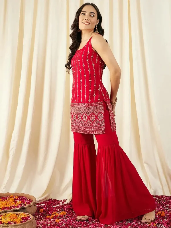 Kurta With Sharara in Red Color