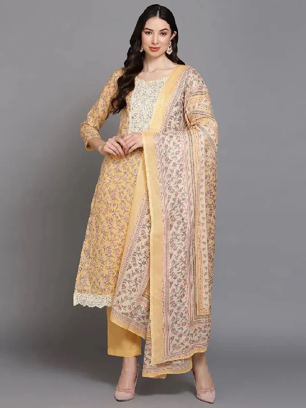 Ahika Women Yellow Cotton Blend Embroidered Straight Kurta Pant Set