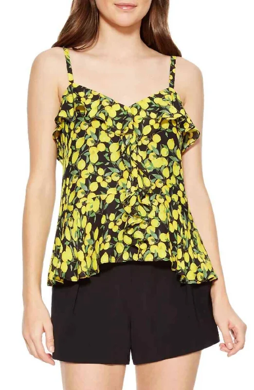 Outdoor vestLemon Print Silk Ruffle Tank Top In Yellow