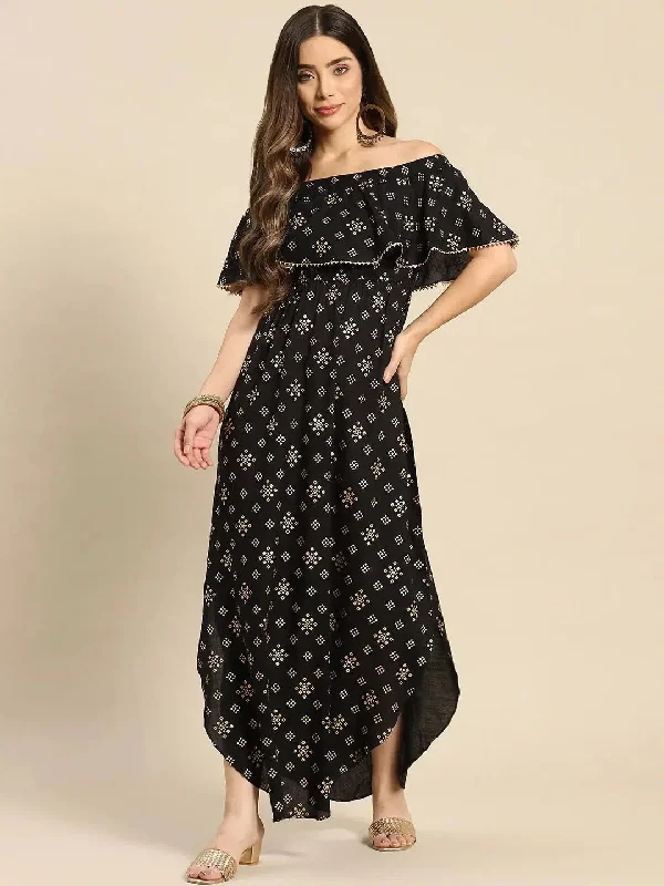 Off shoulder Flare yoke and U hem maxi dress in Black-TP0432RP44_S