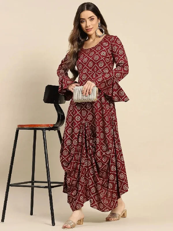 Bell Sleeve Long dress with front drape in Wine Color