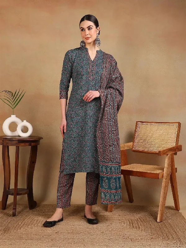 Ahika Women Teal Rayon Blend Printed Straight Kurta Pant Set