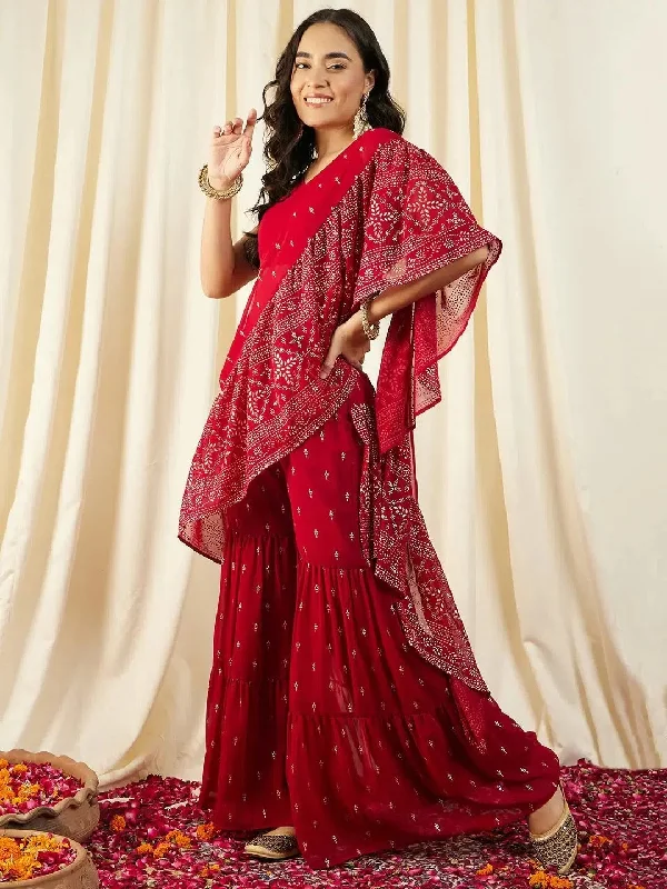 Crop Top with Sharara and frill Dupatta in Maroon Color