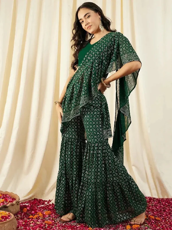 Crop Top with Sharara and frill Dupatta in Green Color