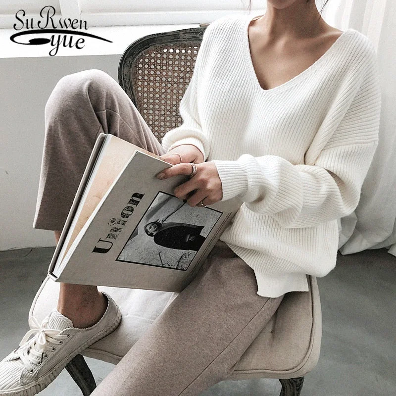 Winter Knit Tops2019 New Fashionable Korean Style Casual Pullover Autumn Winter Women's Sweaters V-Neck Minimalist Tops Knitting Solid 7290 50