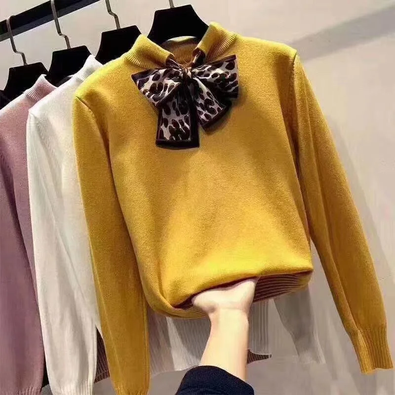 Sheer Knit Tops6 colors 2019 spring and autumn bowtie Sweater Women's Pullover Slim Sweaters Female Elastic Long Sleeve Tops Femme (N0035)