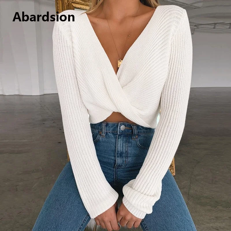 Ribbed Knit TopsAbardsion Women Crop Sweater Pullovers 2019 Autumn Winter Clothes Jumper Fashion Criss Cross V Neck Knitted Cropped Sweaters