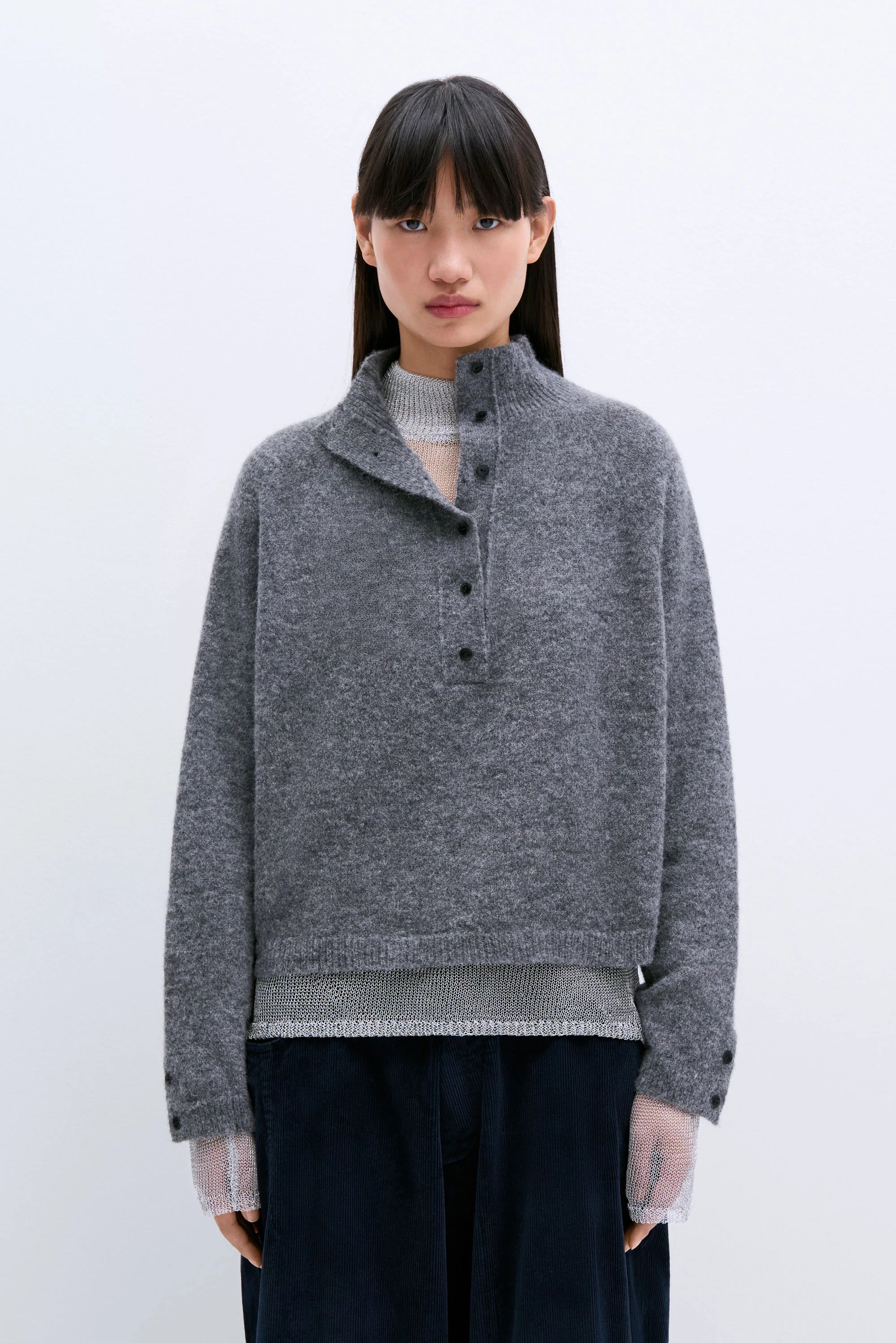 Button-Up Knit TopsBaby Alpaca Polo Sweater Grey