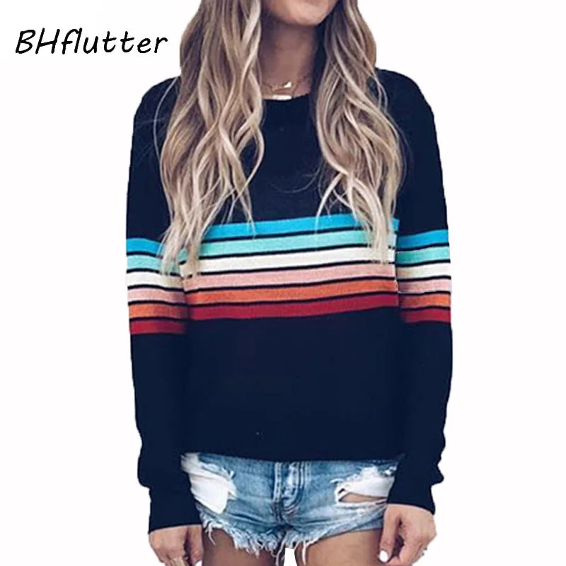 Polyester Knit TopsBHflutter Women Sweater Plus Size 2019 Striped Print Long Sleeve Knitted Pullovers Jumper Casual Winter Sweaters swetry damskie